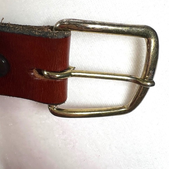 Unisex Cognac Brown Leather Belt Brass Buckle Classic Casual Dress Work Size 38 - Picture 4 of 6